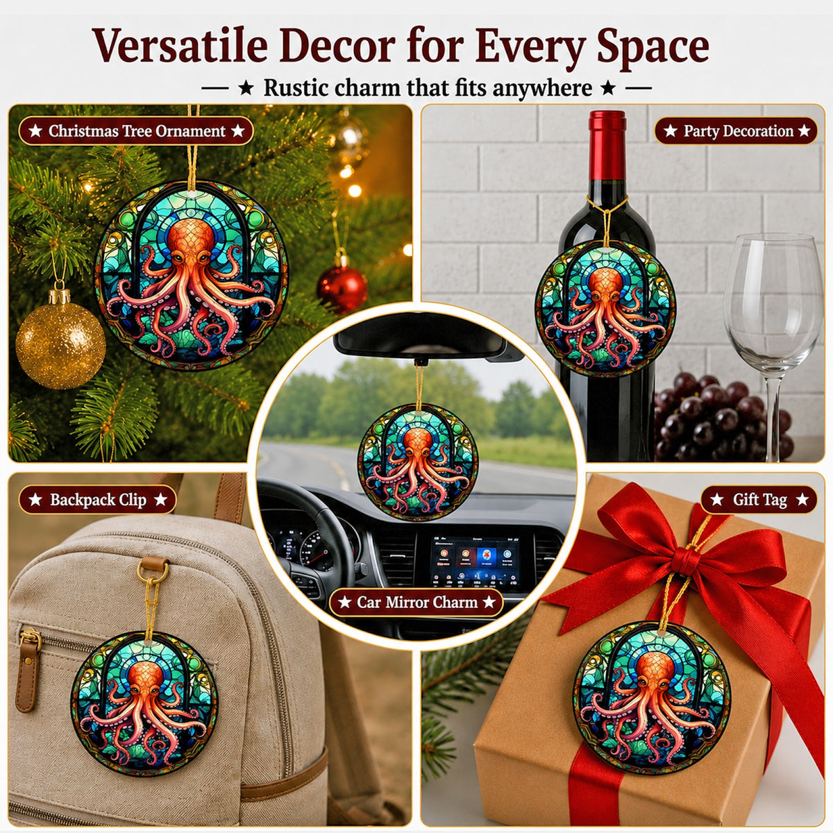 Octopus Christmas Ornament, Stained Glass Coastal Gift, Ceramic Hanging Tree Decoration