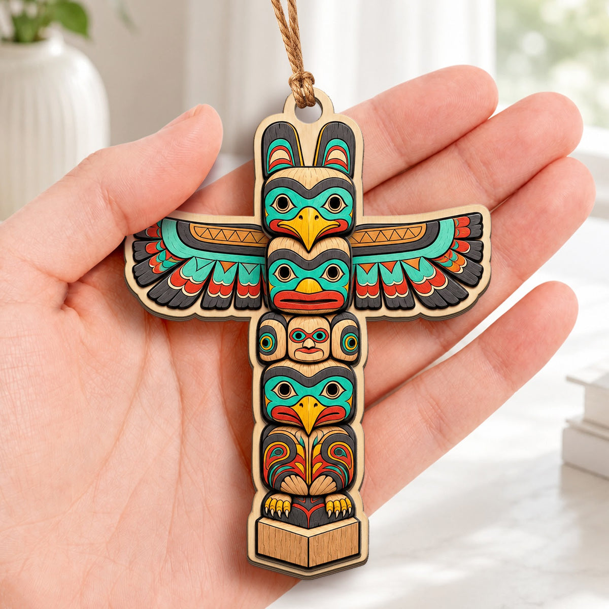 Whimsical Totem Pole Native Art Christmas Ornament, Pacific Northwest Keepsake, Wood Ornament