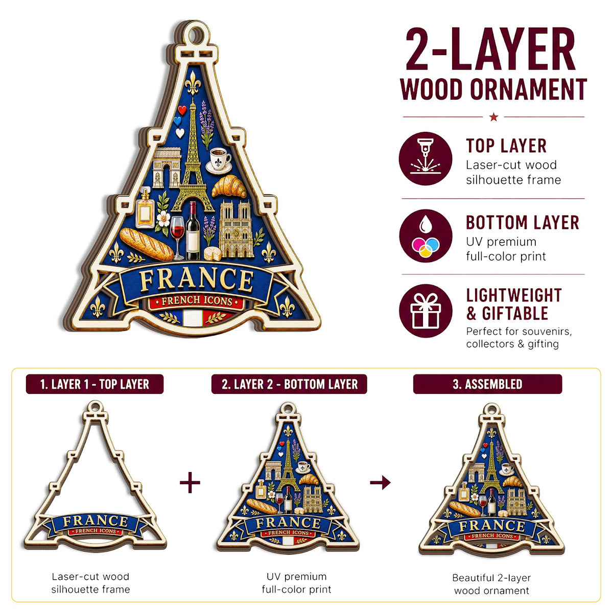 Switzerland Christmas Ornament, Matterhorn Alps and Ski Souvenir Gift, Wood Tree Decoration