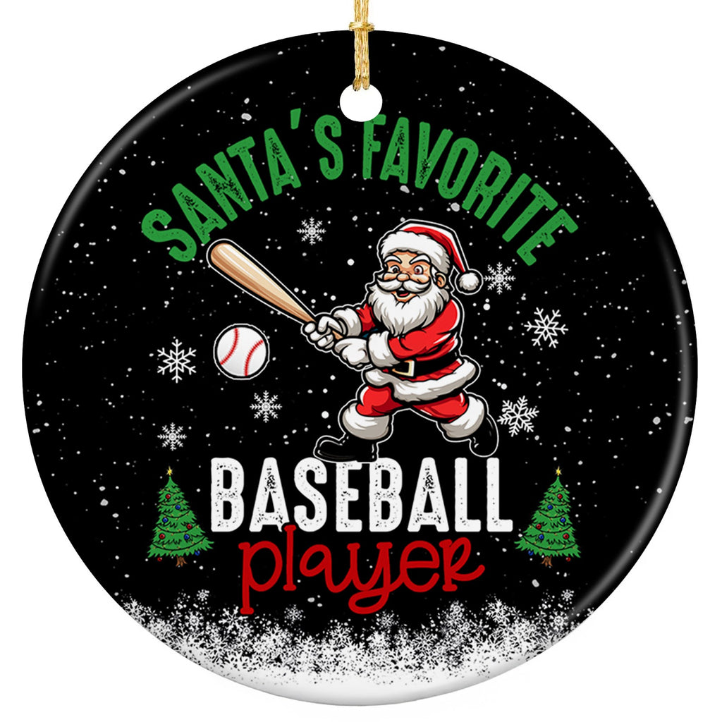 Santa Swinging a Wooden Bat at a Stitched Baseball. Ceramic Keepsake for Little League and Travel Ball.