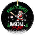 Santa Swinging a Wooden Bat at a Stitched Baseball. Ceramic Keepsake for Little League and Travel Ball.
