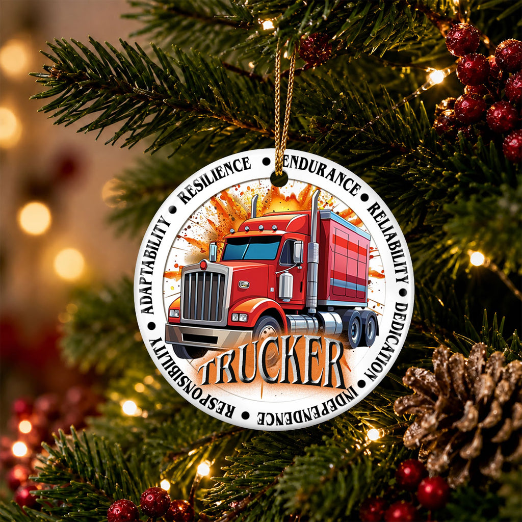 Trucker Christmas Ornament, Semi Truck Driver Gift Idea, Ceramic Hanging Tree Decoration