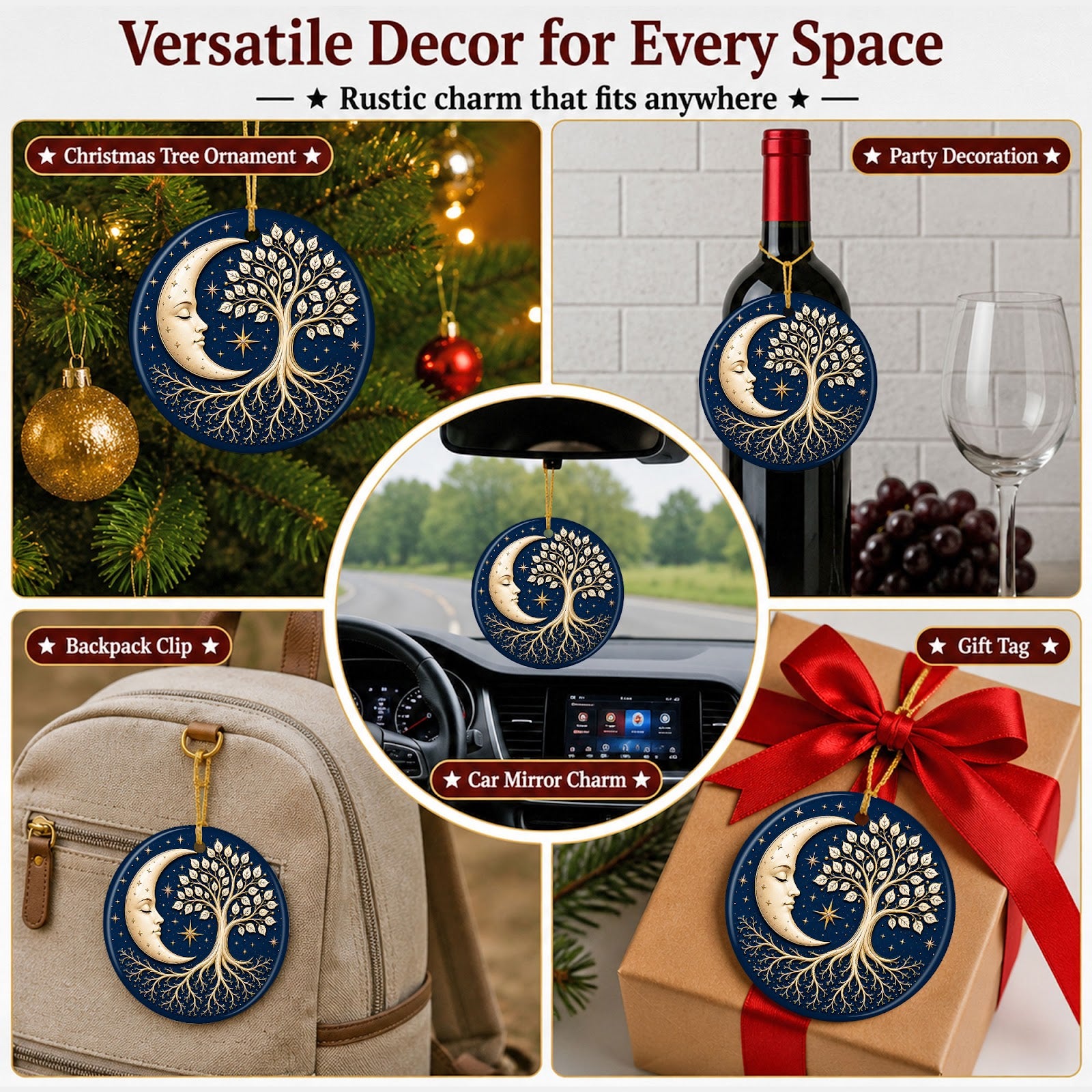 Tree of Life Moon Christmas Ornament, Celestial Boho Gift, Ceramic Hanging Tree Decoration