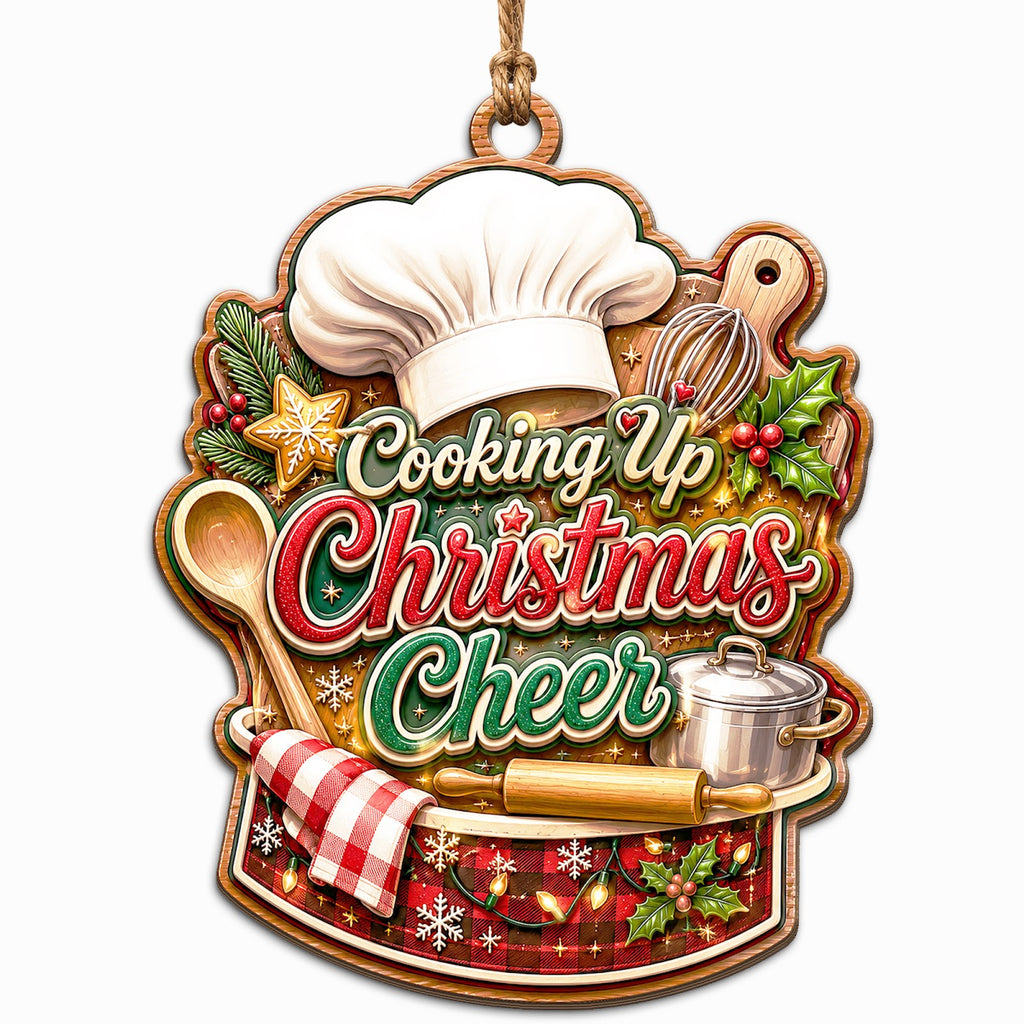 Shows a Chef Hat with Kitchen Tools and Cooking Up Christmas Cheer Text. Festive Gift for Chefs and Culinary Lovers.