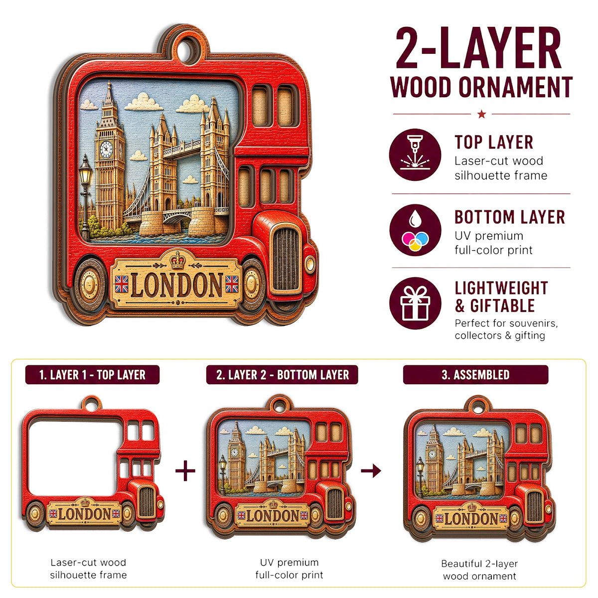 London Bus Christmas Ornament, England Tower Bridge Souvenir Gift, Wood Hanging Tree Decoration
