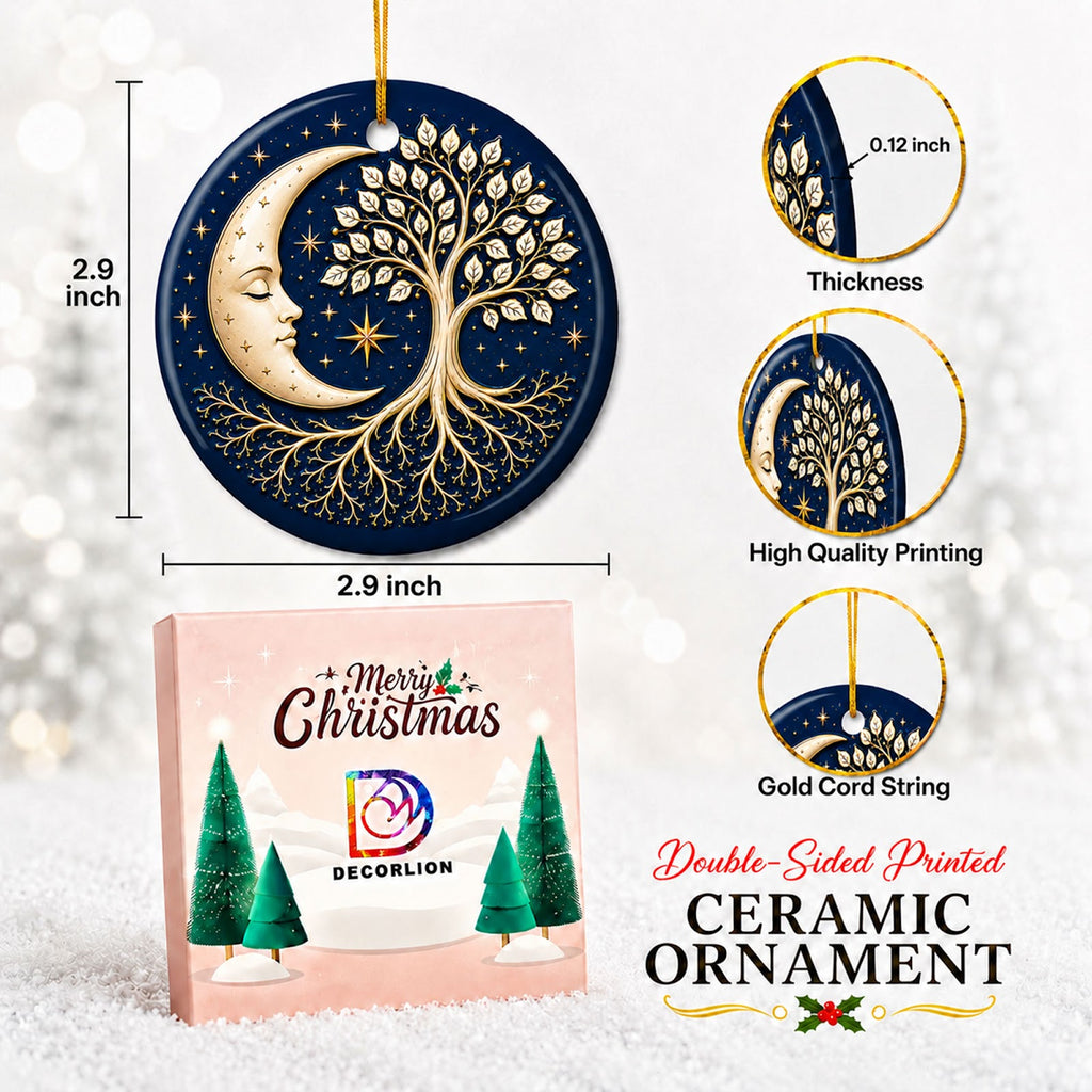 Tree of Life Moon Christmas Ornament, Celestial Boho Gift, Ceramic Hanging Tree Decoration