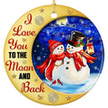Golden Crescent Moon Framing Two Snowmen in Red Scarves With Hearts and Stars. Ceramic Couple Keepsake.