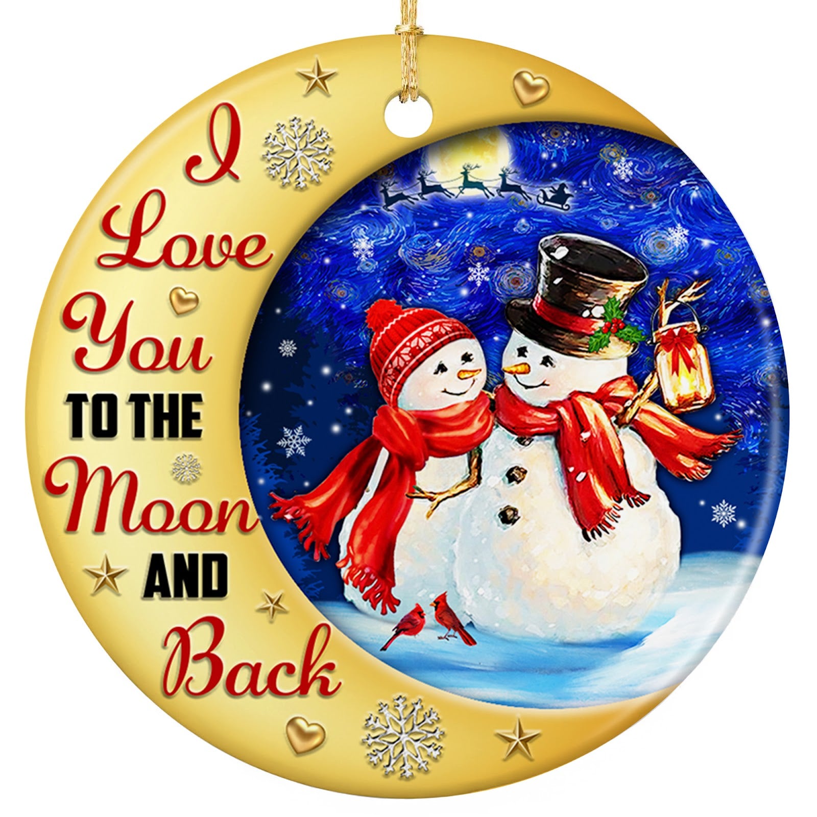 Golden Crescent Moon Framing Two Snowmen in Red Scarves With Hearts and Stars. Ceramic Couple Keepsake.