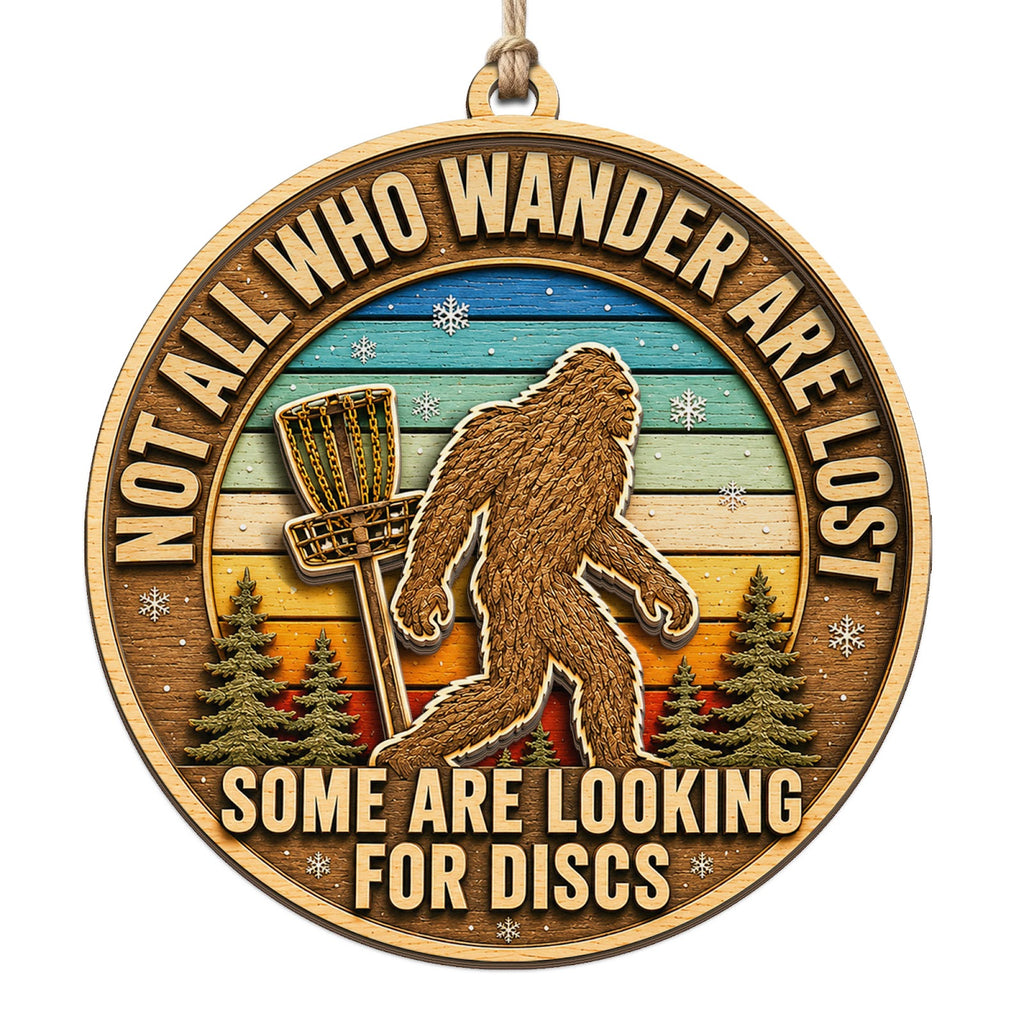 Round Sunset Scene Shows A Sasquatch Beside A Chained Basket And Pine Trees. Funny Gift For Disc Golf And Cryptid Fans.