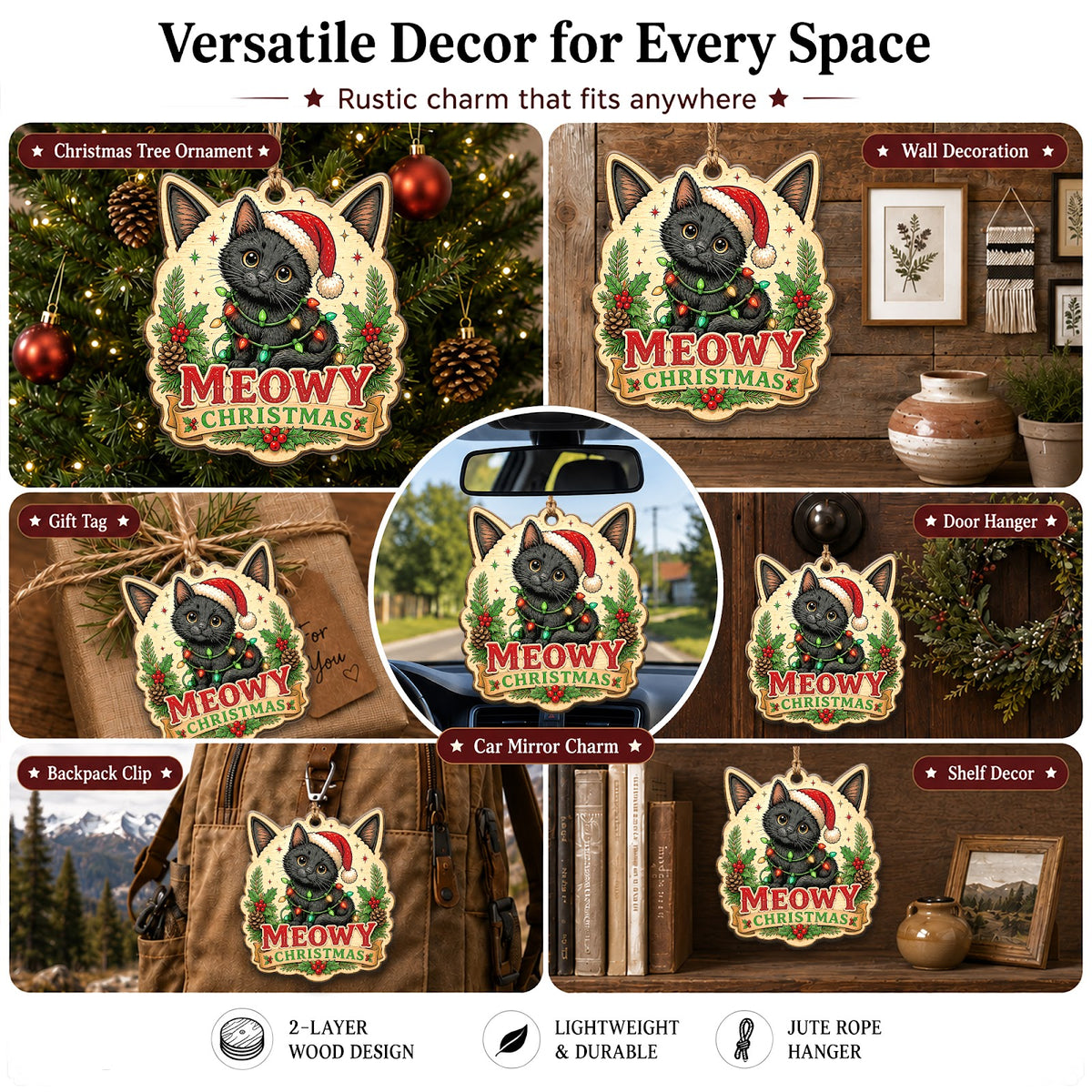 Black Cat Christmas Ornament, Stocking Stuffer For Cat Mom, Wood Hanging Tree Decoration
