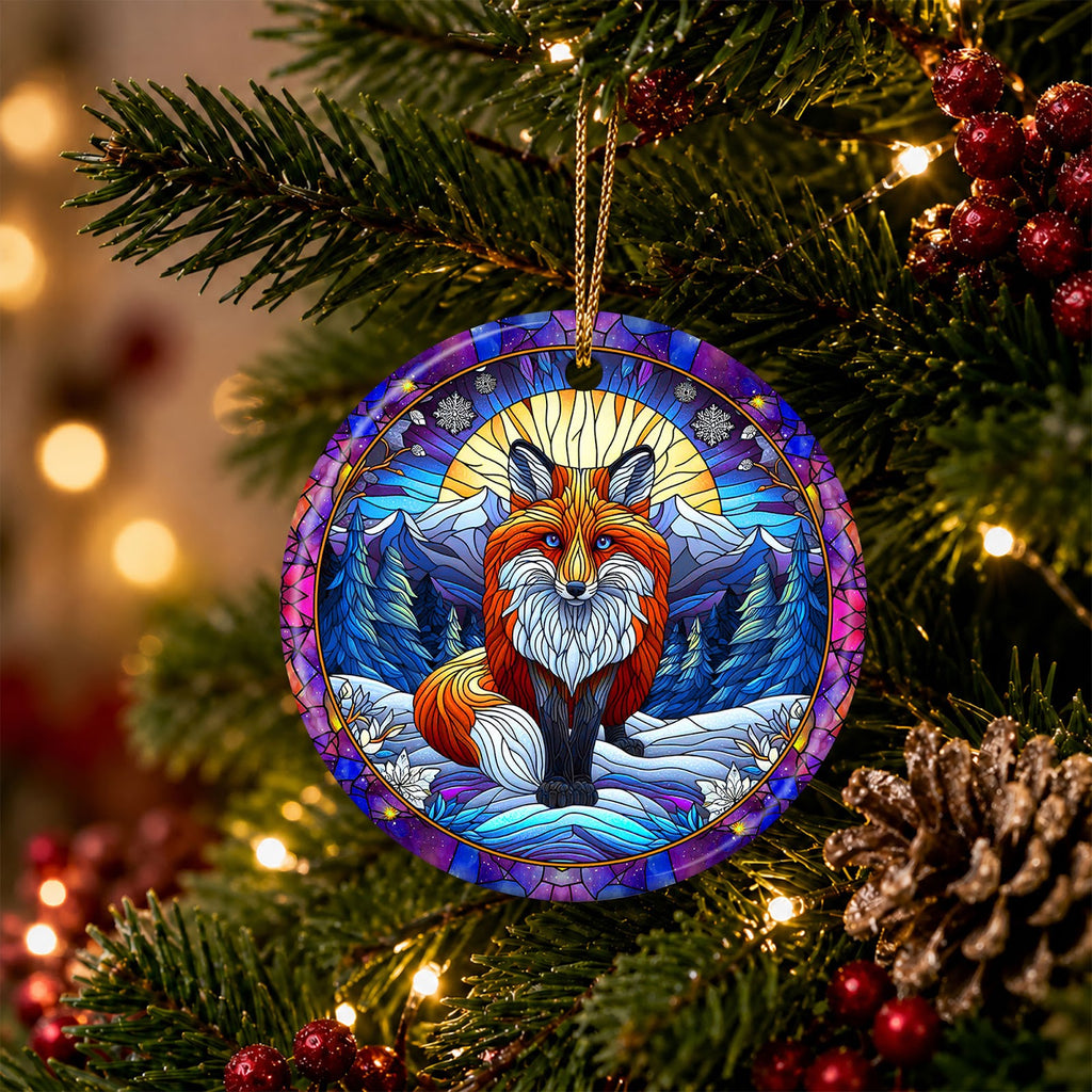 Fox Christmas Ornament, Stained Glass Winter Woodland, Ceramic Hanging Tree Decoration
