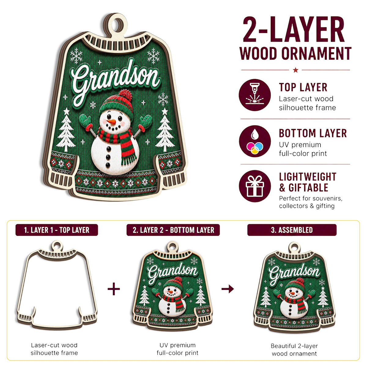 Grandson Christmas Ornament, Grandparent Gift For Boy, Wood Hanging Tree Decoration