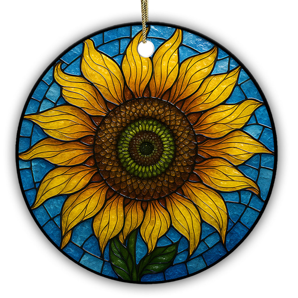 Large Yellow Sunflower With a Spiral Center on Faceted Blue Glass. Ceramic Keepsake for Garden Lovers.