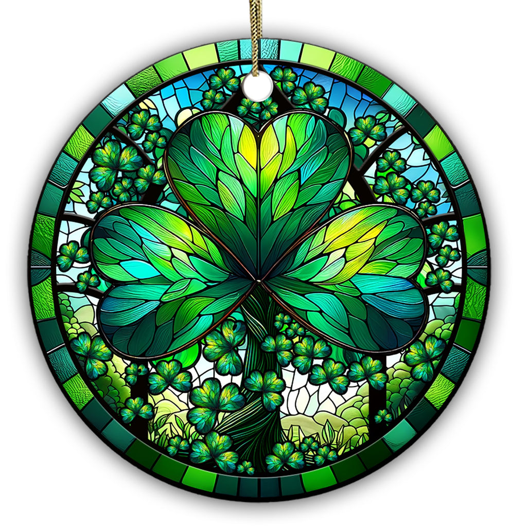 Layered Emerald and Lime Glass Shamrock Among Clover Leaves. Ceramic Keepsake for Irish Heritage Homes.