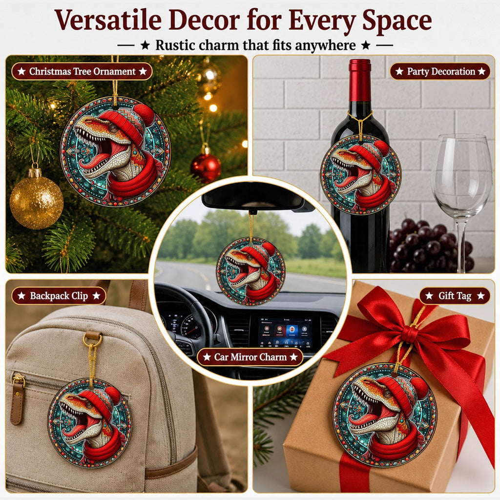 Dinosaur Christmas Ornament, Stained Glass T Rex Gift, Ceramic Hanging Tree Decoration