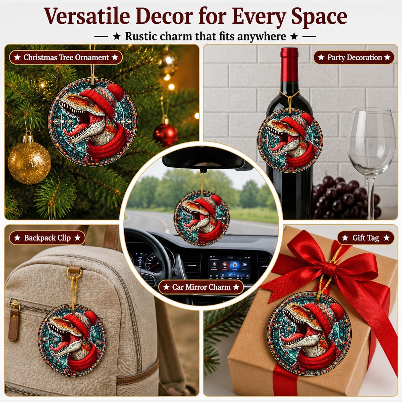 Dinosaur Christmas Ornament, Stained Glass T Rex Gift, Ceramic Hanging Tree Decoration