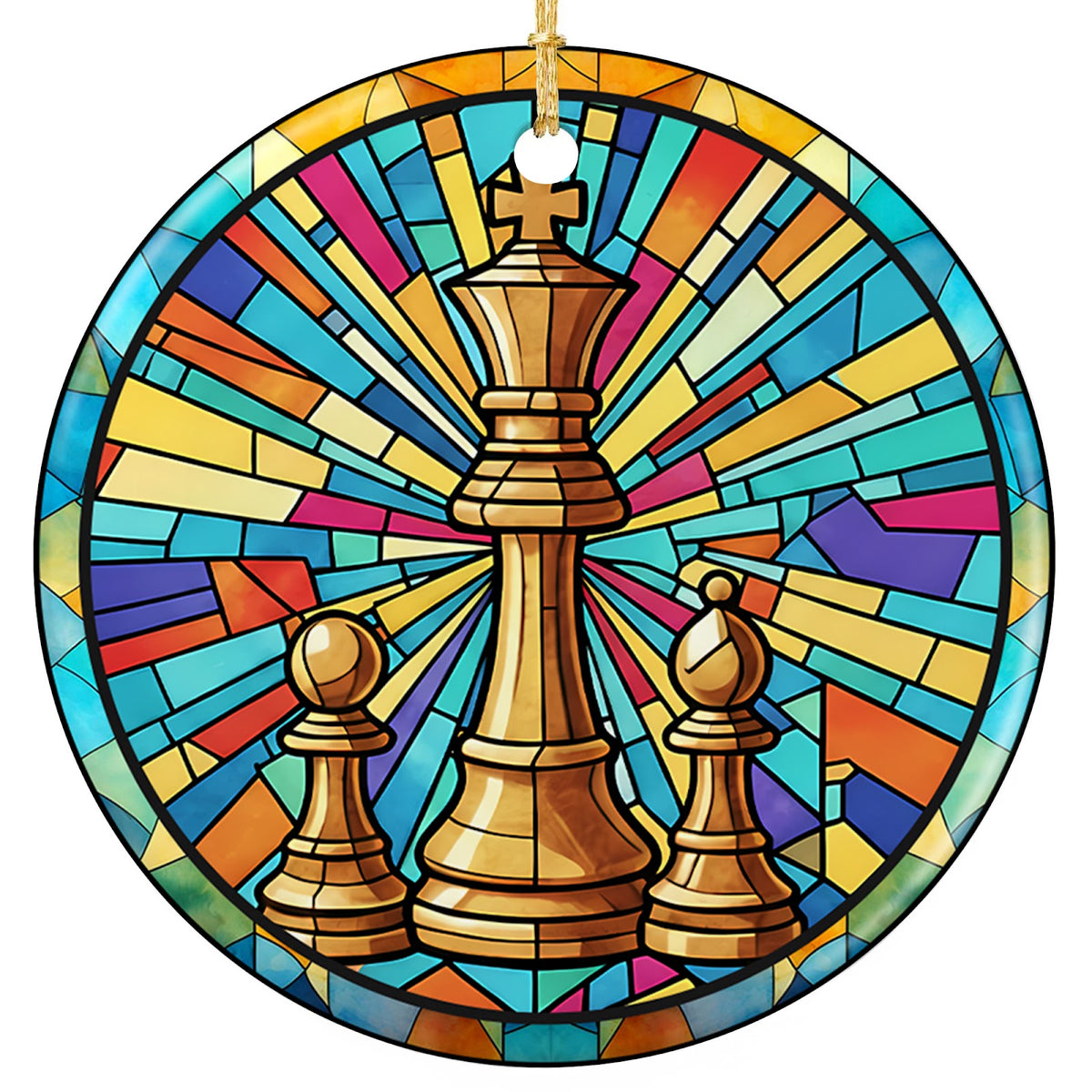 Golden King, Bishop and Pawn on a Radiant Glass Sunburst. Ceramic Keepsake for Club Players and Coaches.