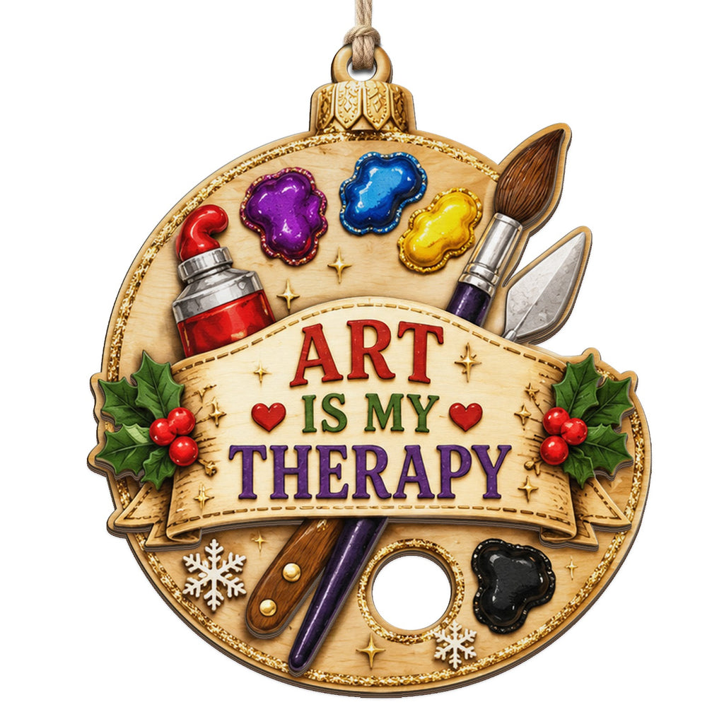 Paint Palette With Brushes And Colour Blobs Under An Art Is My Therapy Banner. Great Gift For Painters.