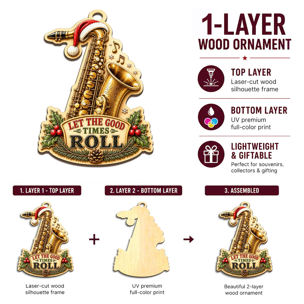 Saxophone Christmas Ornament, Stocking Stuffer For Sax Player, Wood Hanging Tree Decoration