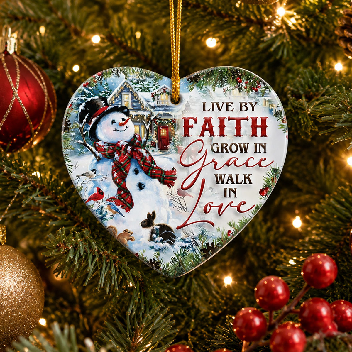 Faith Christmas Ornament, Snowman Live By Faith Gift, Ceramic Hanging Tree Decoration