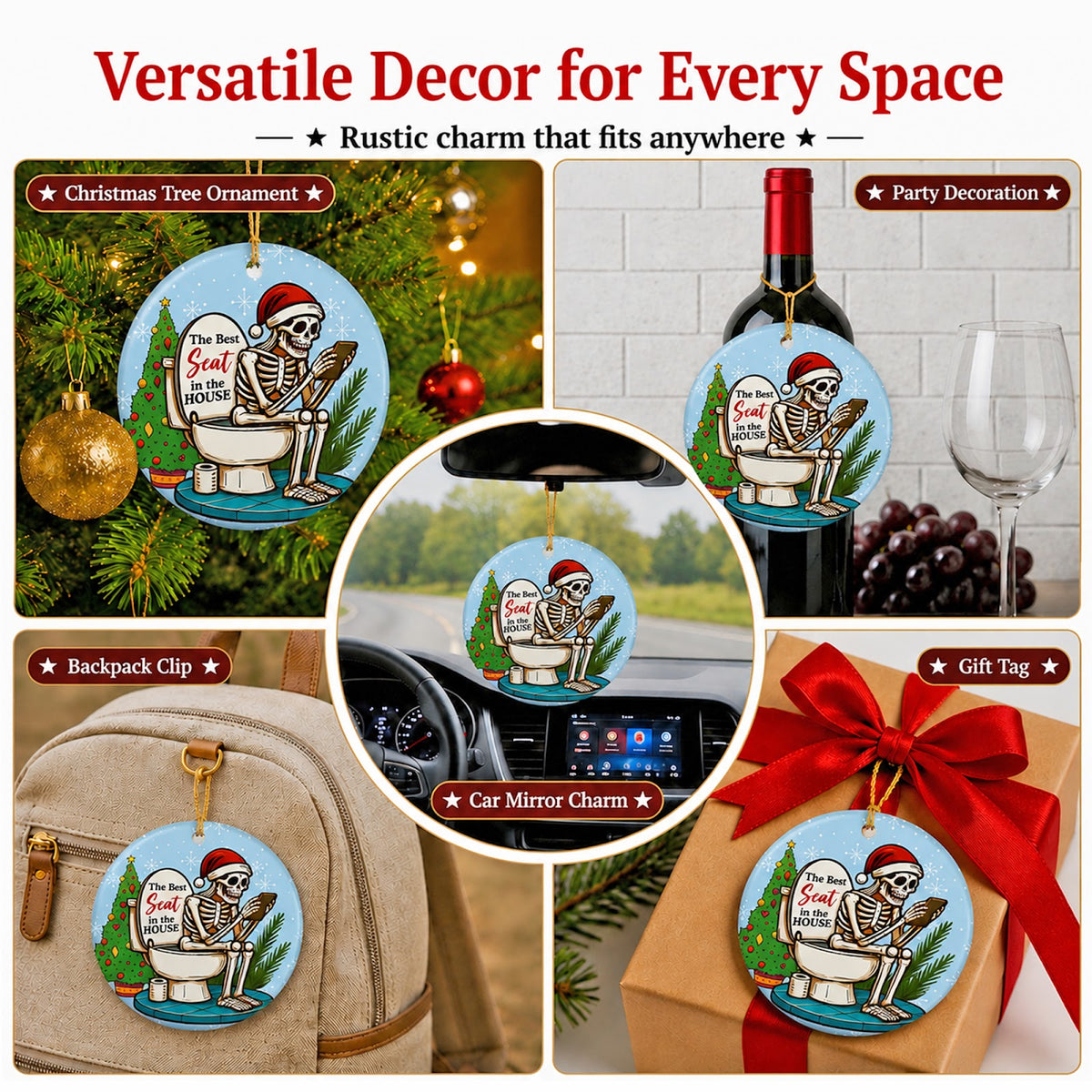 Funny Skeleton Christmas Ornament, Best Seat In The House, Ceramic Hanging Tree Decoration