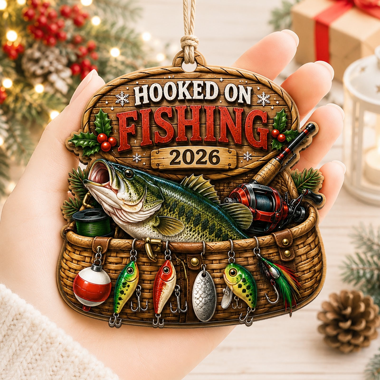 Fishing Basket Angler Tackle Christmas Ornament, Creel Basket Keepsake, Wood Tree Decoration