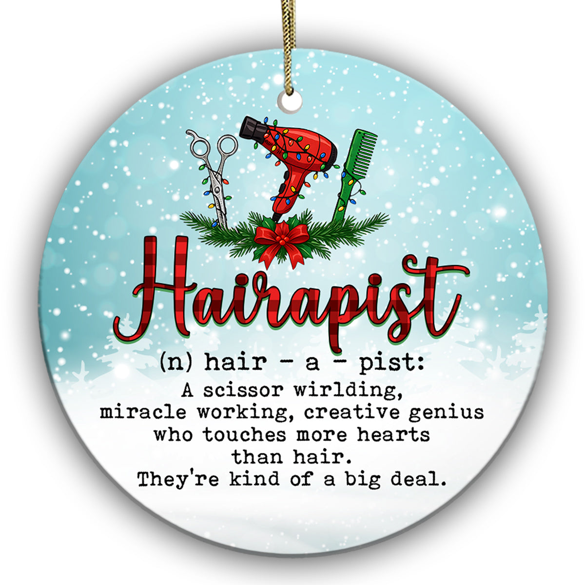 Hairapist Definition With Dryer, Scissors, Comb and String Lights. Ceramic Keepsake for Salon Professionals.