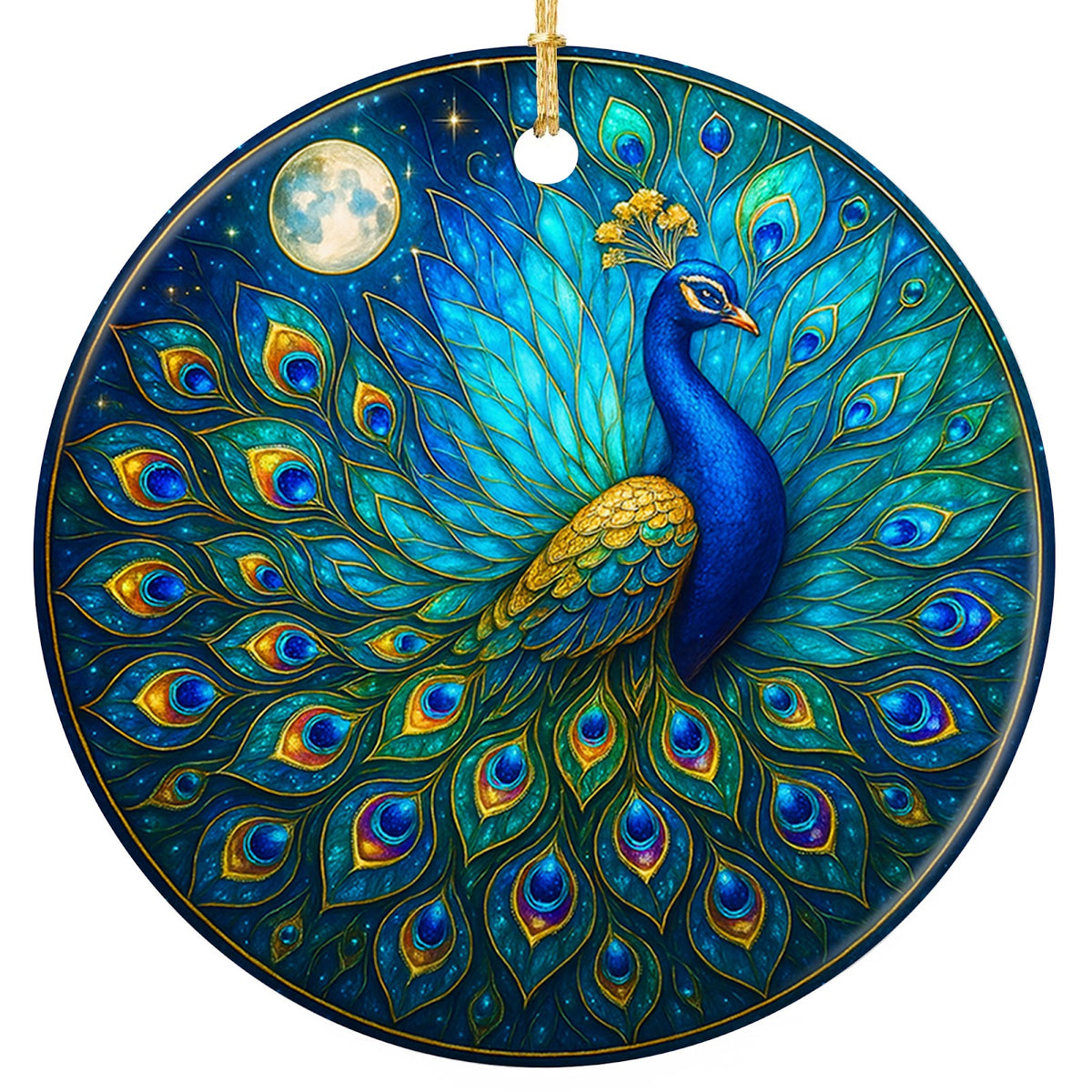 Peacock With a Fully Fanned Teal and Gold Tail Against a Deep Blue Night. Ceramic Keepsake for Bird Lovers.