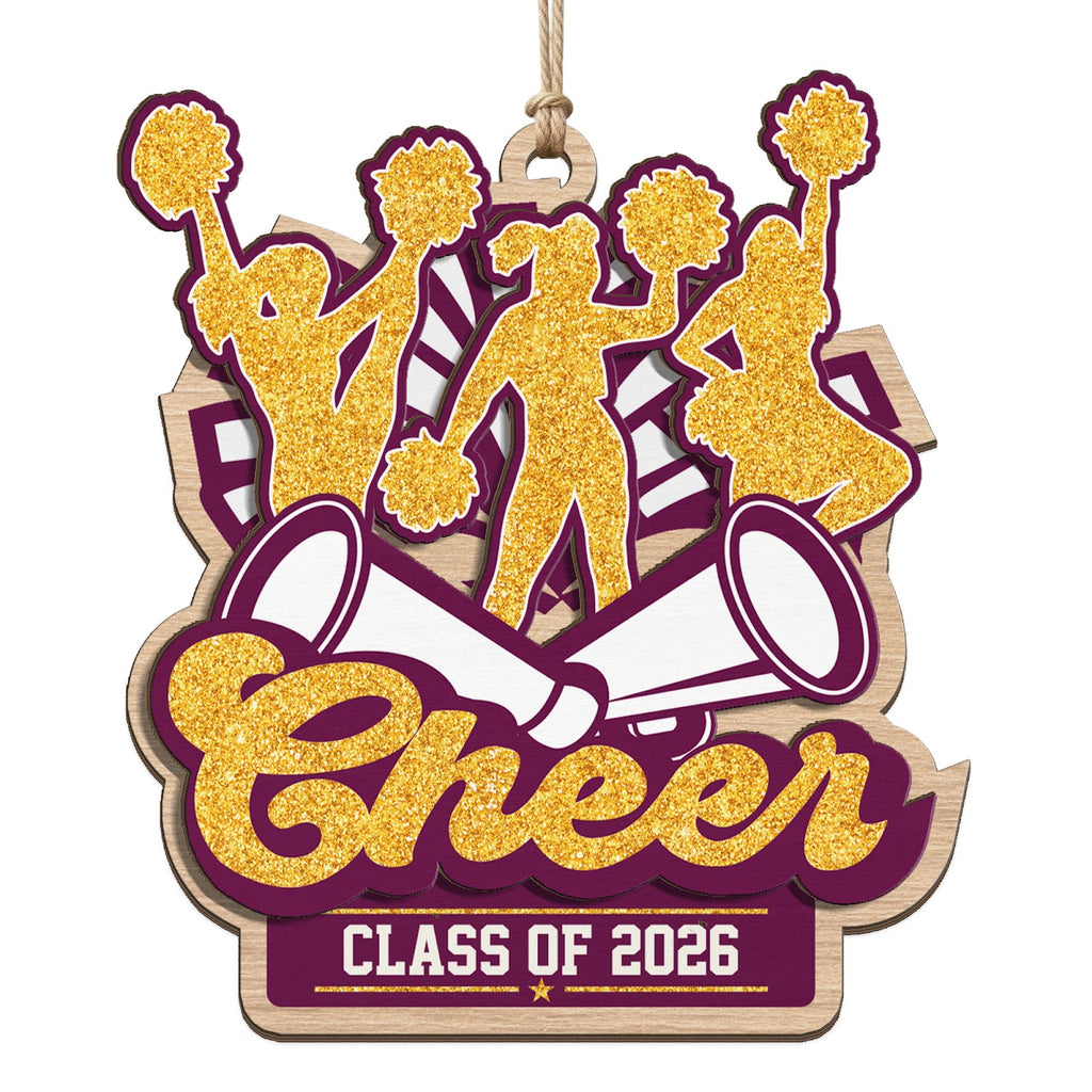 Shows Gold Glitter Cheerleaders with Megaphones and a Class of 2026 Banner. Gift for Graduating Cheer Squad Seniors.