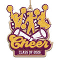 Shows Gold Glitter Cheerleaders with Megaphones and a Class of 2026 Banner. Gift for Graduating Cheer Squad Seniors.