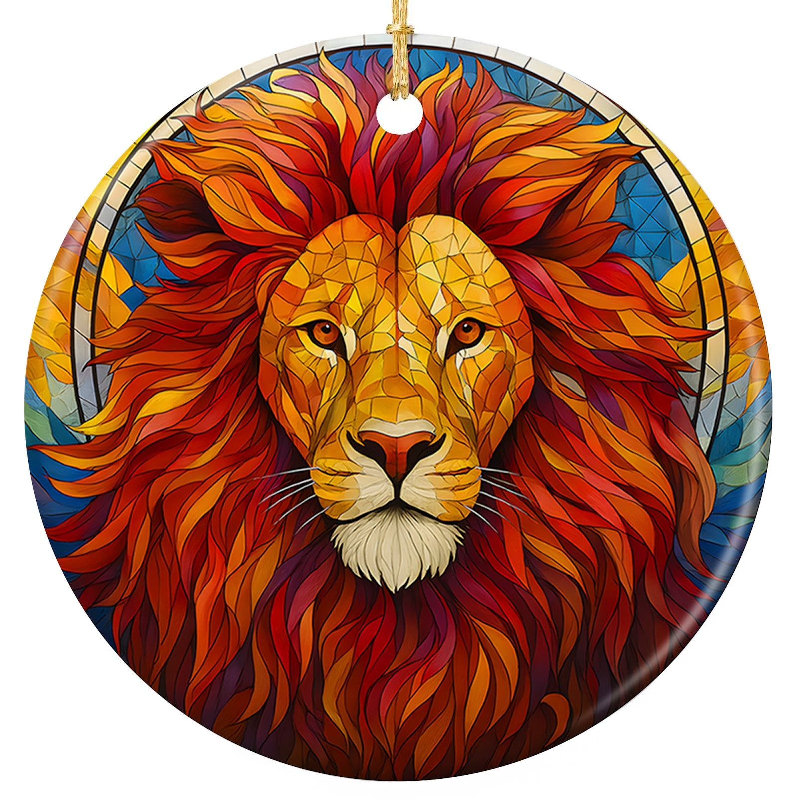 Lion Face Framed by a Fiery Orange and Gold Mosaic Mane With Amber Eyes. Ceramic Keepsake for Big Cat Fans.