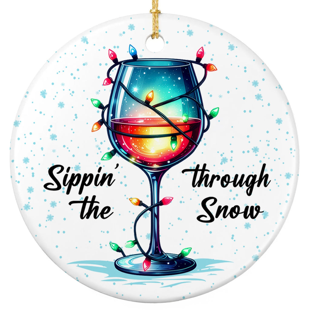 Stemmed Wine Glass of Swirled Red and Blue Wrapped in Colored Lights. Ceramic Keepsake for Wine Lovers.