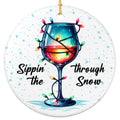 Stemmed Wine Glass of Swirled Red and Blue Wrapped in Colored Lights. Ceramic Keepsake for Wine Lovers.