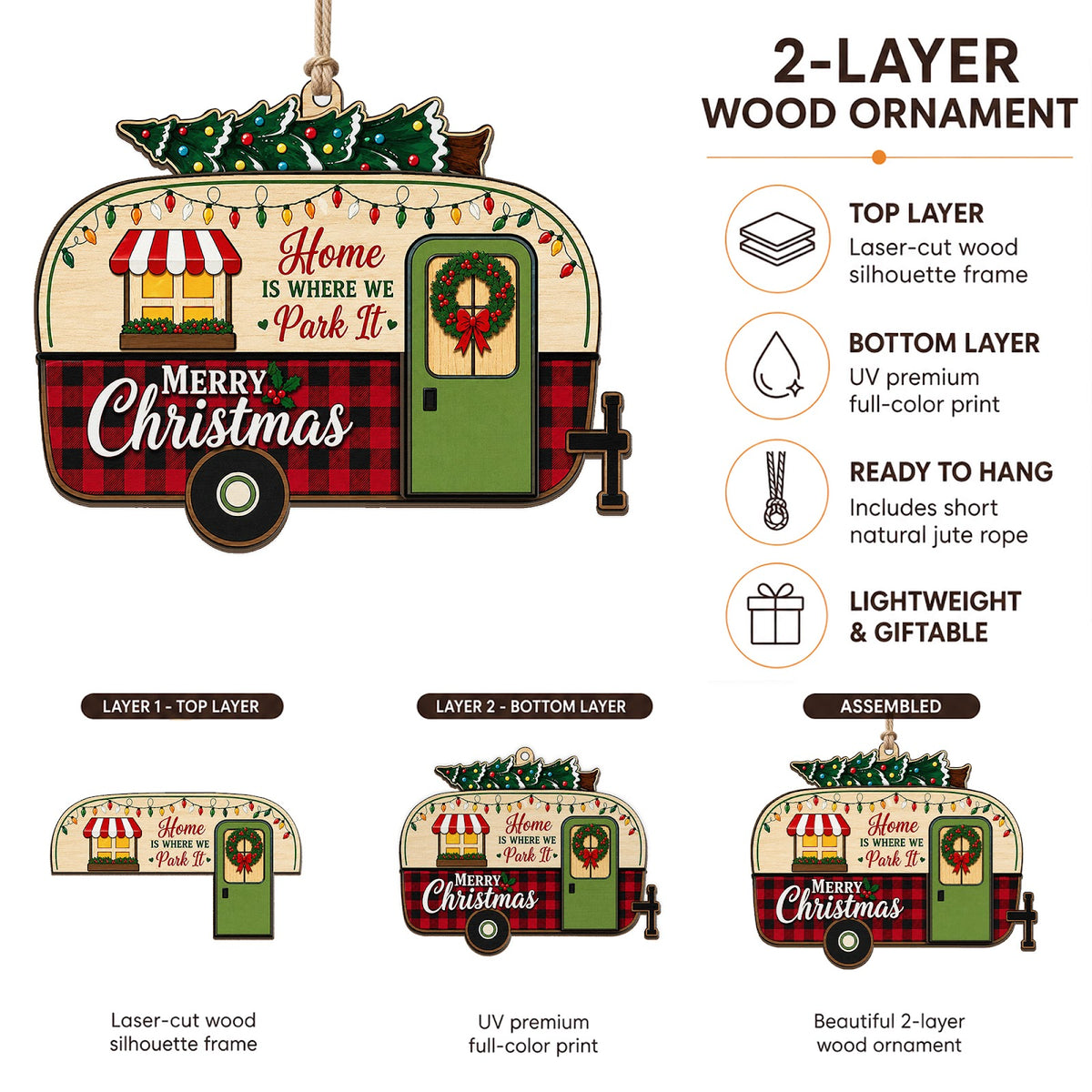 Happy Camper Camping Van Life Christmas Ornament, Stocking Stuffer For Camper, Wood Ornament