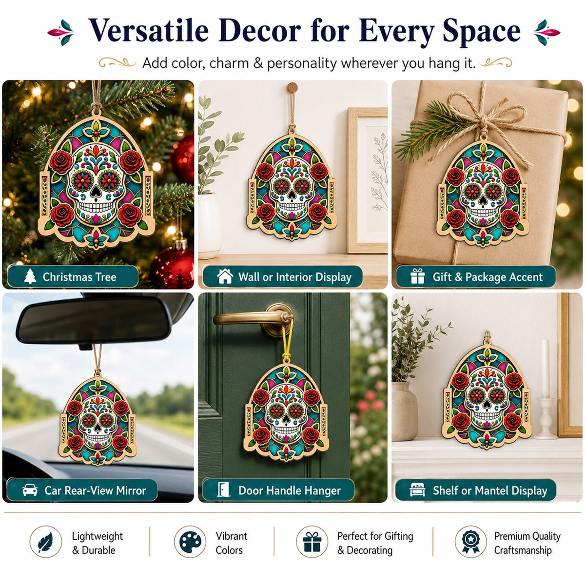 Sugar Skull Dia De Muertos Art Christmas Ornament, Day Of Dead Stocking Stuffer, Wood Ornament