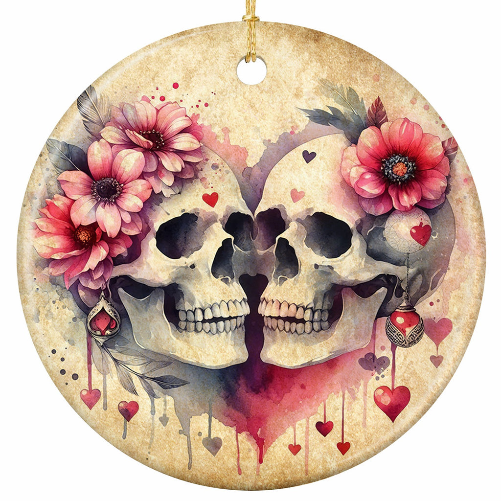 Two Flower-Crowned Skulls Facing Each Other to Form a Heart, on Aged Pink Parchment. Ceramic Gothic Keepsake.