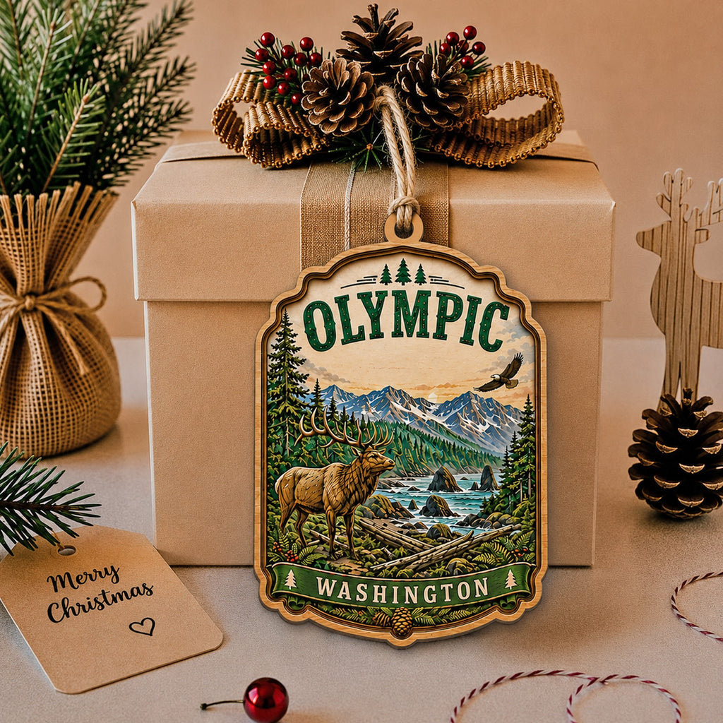 Olympic National Park Christmas Ornament, Washington Coast Hiker Gift, Wood Tree Decoration