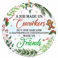 A Watercolour Greenery Wreath With Holly, Candy Cane and a Gingerbread Man. Ceramic Keepsake for Work Besties.