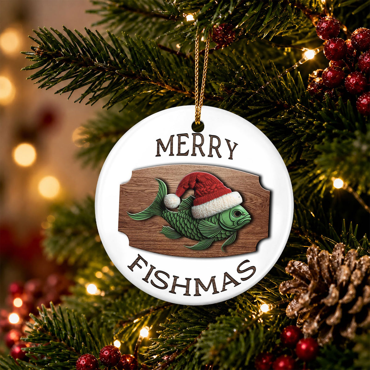 Fishing Christmas Ornament, Merry Fishmas Angler Gift, Ceramic Hanging Tree Decoration