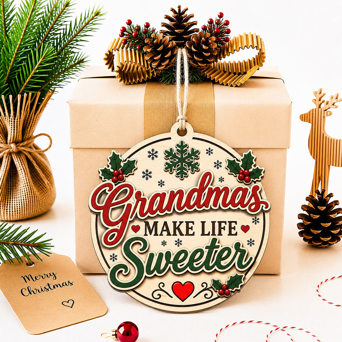Grandma Sweeter Christmas Ornament, Gift From Grandkids, Wood Hanging Tree Decoration