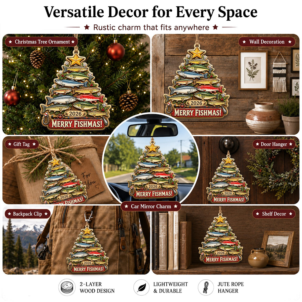 Merry Fishmas Fishing Christmas Ornament, Stocking Stuffer For Angler, Wood Tree Decoration