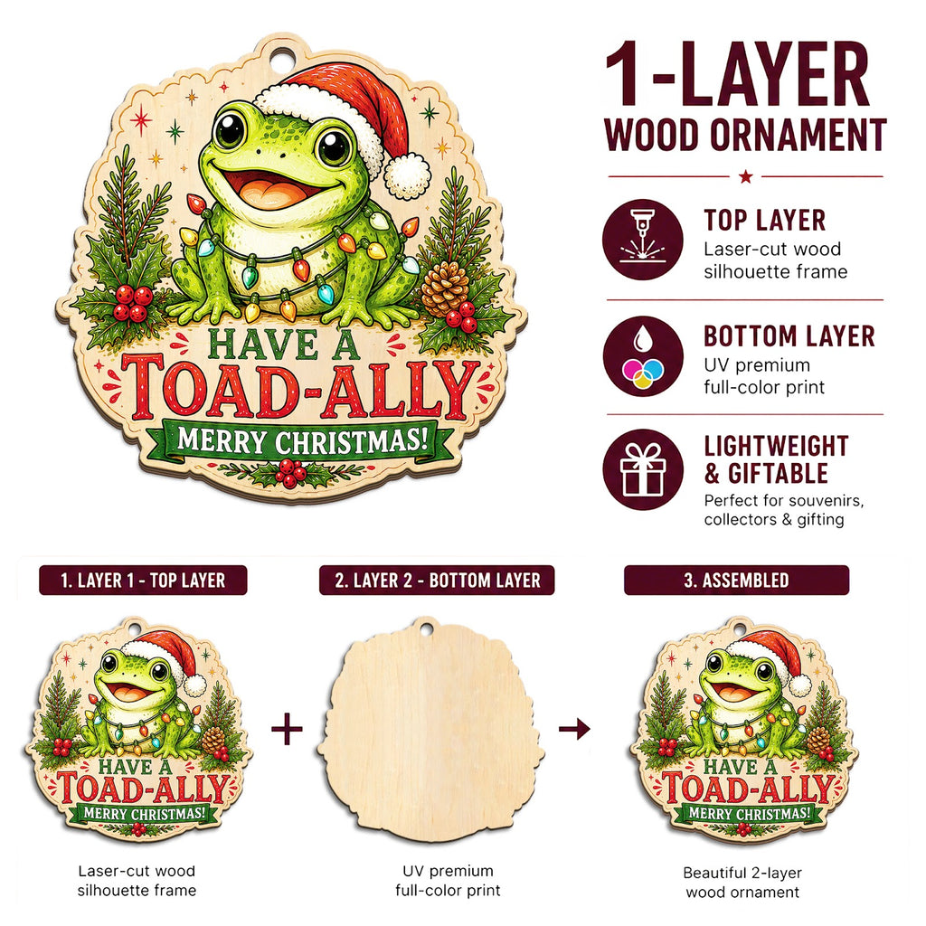 Frog Christmas Ornament, Stocking Stuffer For Frog Fan, Wood Hanging Tree Decoration