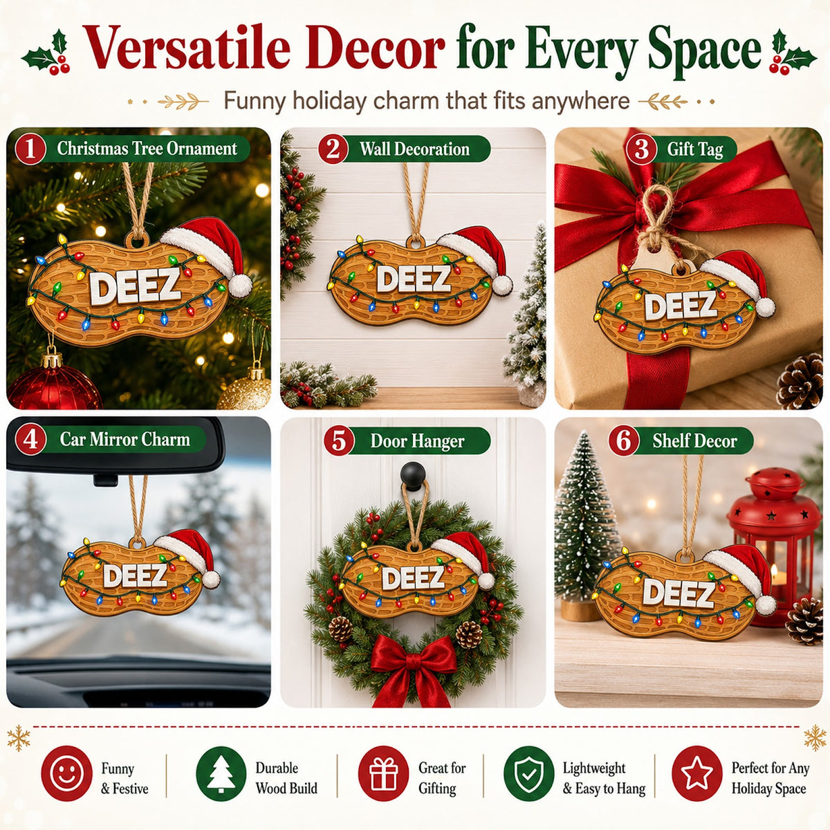 Peanut Shaped Wood Christmas Ornament