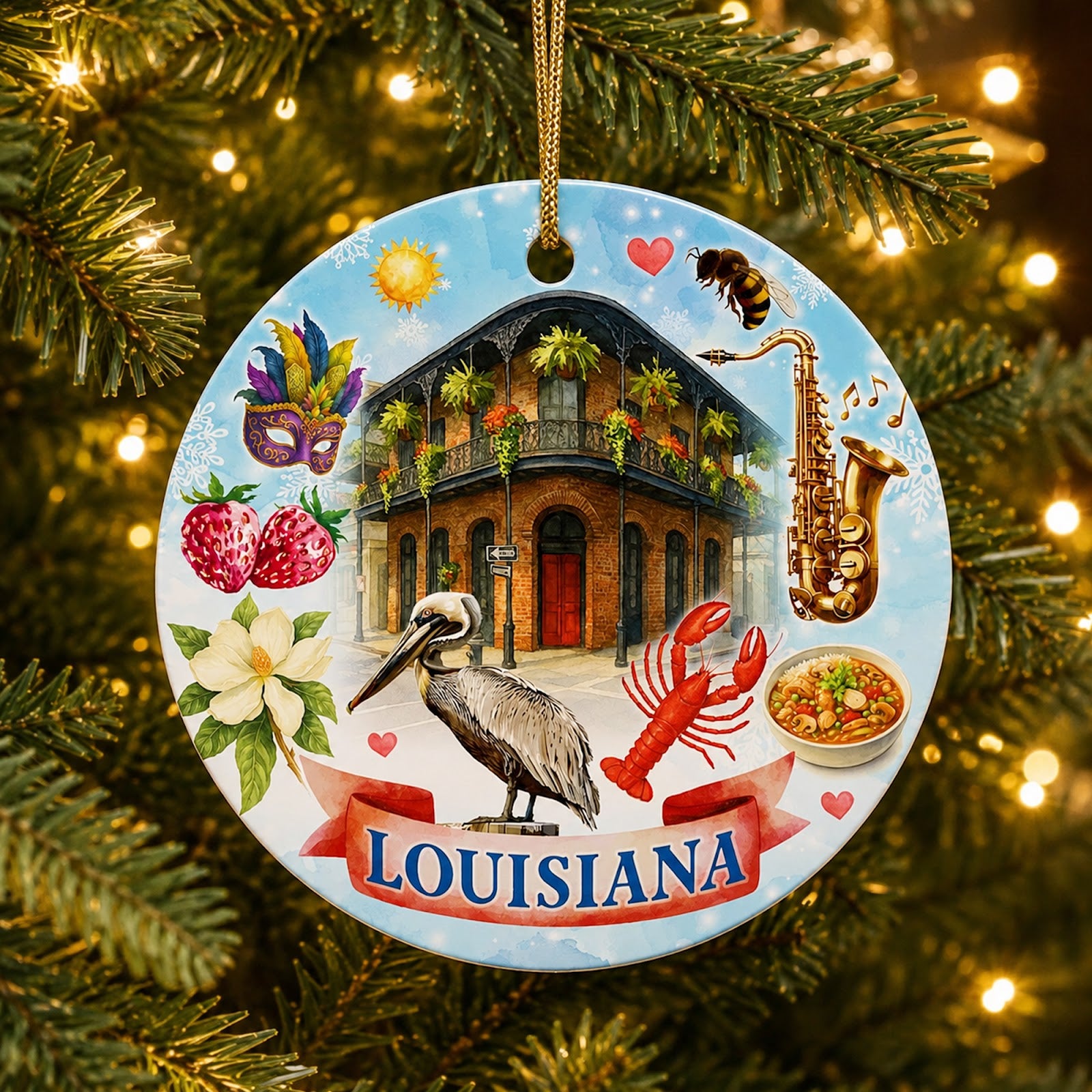 Louisiana Christmas Ornament, State Souvenir Keepsake, Ceramic Hanging Tree Decoration