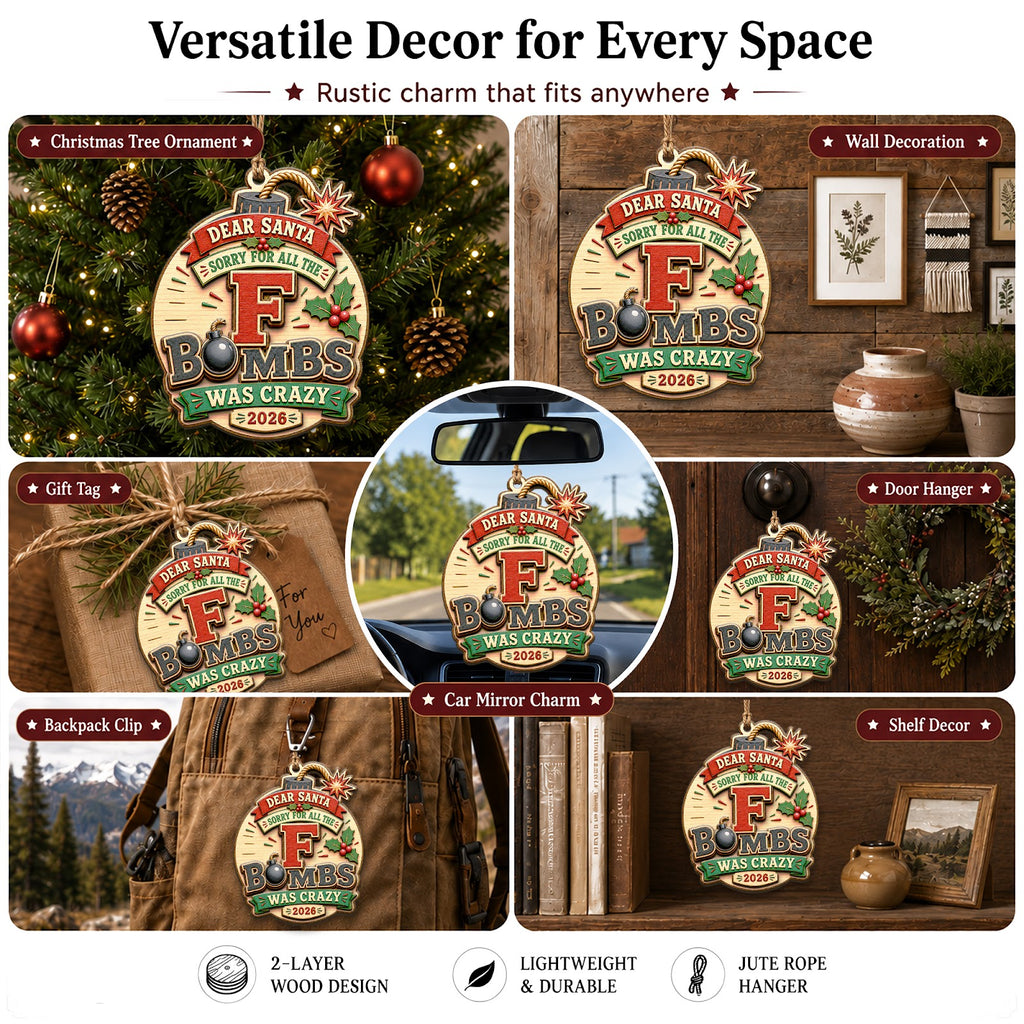 F Bomb Funny Humor Novelty Christmas Ornament, Edgy Profanity Keepsake, Wood Tree Decoration