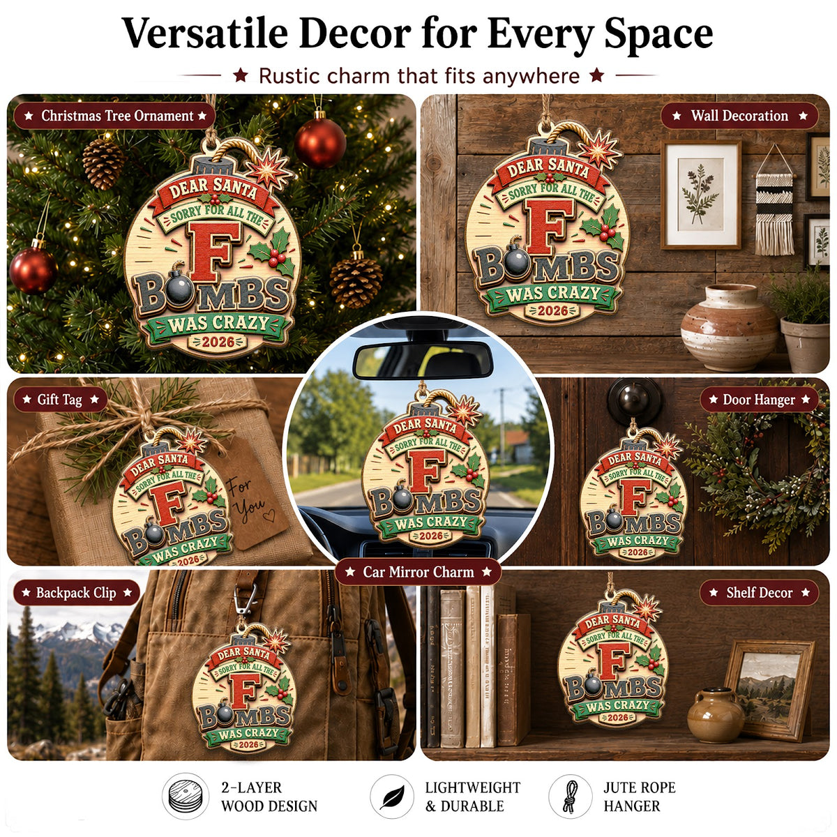 F Bomb Funny Humor Novelty Christmas Ornament, Edgy Profanity Keepsake, Wood Tree Decoration