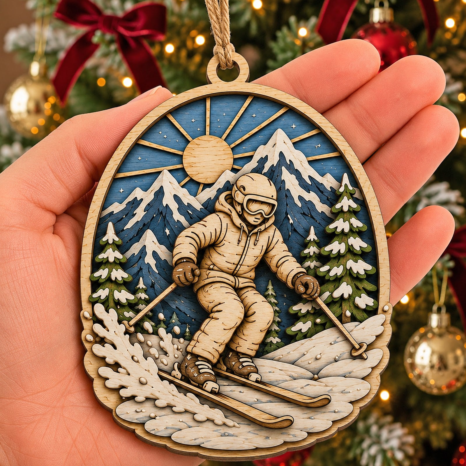 Skier Mountain Wood Christmas Ornament