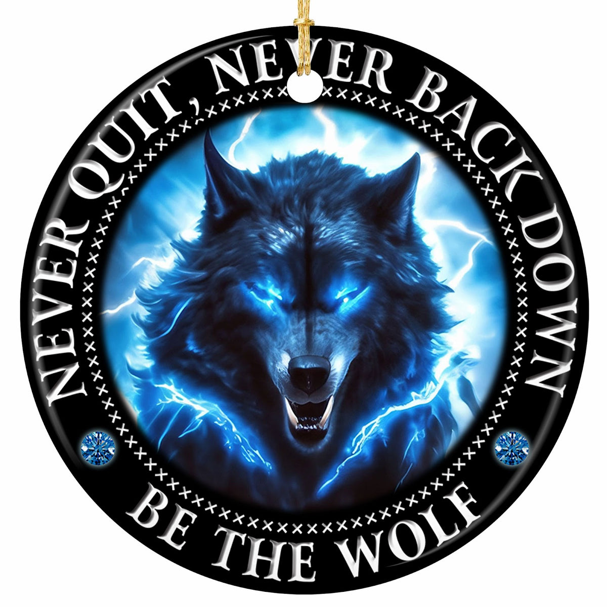 Snarling Wolf and Blue Lightning on Black. Motivational Ceramic Keepsake for Gym, Hunting and Hustle Fans.