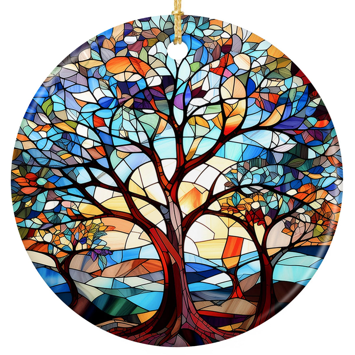 Mosaic Tree in Blue, Orange and Gold Spreading Across Rolling Hills. Ceramic Keepsake for Family Heritage.