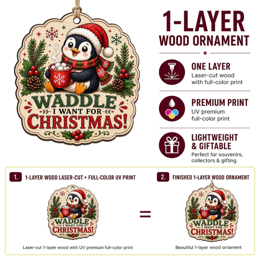Penguin Christmas Ornament, Stocking Stuffer For Penguin Lover, Wood Hanging Tree Decoration